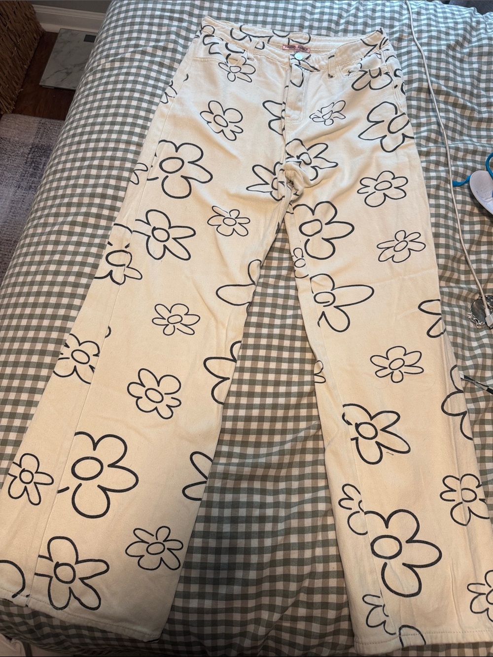 Cream Straight-Leg Pants with Black Floral Outline
